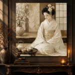 Luminous Ivory Tea Set Japanese Geisha Art Canvas Print - Image 2