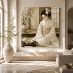 Luminous Ivory Tea Set Japanese Geisha Art Canvas Print - Image 8