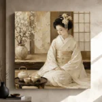 Luminous Ivory Tea Set Japanese Geisha Art Canvas Print - Image 9