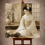 Luminous Ivory Tea Set Japanese Geisha Art Canvas Print - Image 10