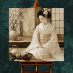Luminous Ivory Tea Set Japanese Geisha Art Canvas Print - Image 11