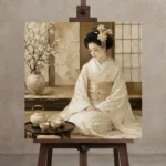 Luminous Ivory Tea Set Japanese Geisha Art Canvas Print displayed on a studio easel