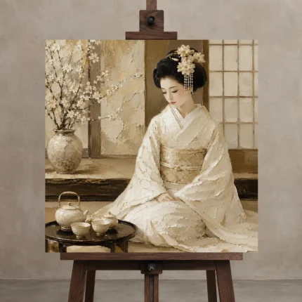 Luminous Ivory Tea Set Japanese Geisha Art Canvas Print displayed on a studio easel