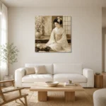 Luminous Ivory Tea Set Japanese Geisha Art Canvas Print styled in a refined neutral interior