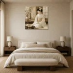 Luminous Ivory Tea Set Japanese Geisha Art Canvas Print showcased in an elegant minimalist interior