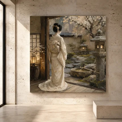Tranquil ivory, taupe, champagne, and sage Japanese Geisha Art print for elegant interiors. No text or watermarks in design.