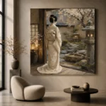Tranquil Ivory Tea House Japanese Geisha Art Canvas Print - Image 5