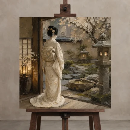 Tranquil Ivory Tea House Japanese Geisha Art Canvas Print displayed on a studio easel