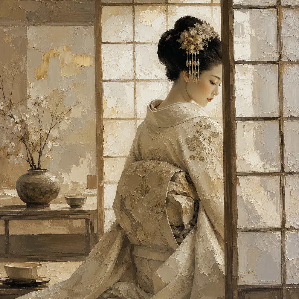 Dreamy Ivory Shoji Japanese Geisha Art Canvas Print