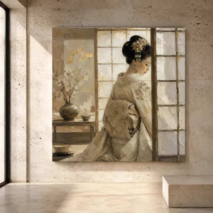 Dreamy ivory and champagne Japanese Geisha Art print for elegant interiors. No text or watermarks in design.