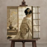 Dreamy Ivory Shoji Japanese Geisha Art Canvas Print displayed on a studio easel