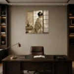 Dreamy Ivory Shoji Japanese Geisha Art Canvas Print displayed in a contemporary gallery-inspired room