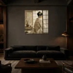 Dreamy Ivory Shoji Japanese Geisha Art Canvas Print shown in a warm modern interior