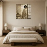 Dreamy Ivory Shoji Japanese Geisha Art Canvas Print showcased in an elegant minimalist interior