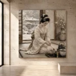 Winter calm ivory and misty gray Japanese Geisha Art print for elegant interiors. No text or watermarks in design.