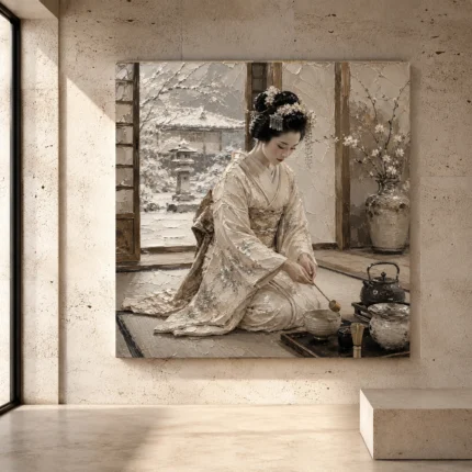 Winter calm ivory and misty gray Japanese Geisha Art print for elegant interiors. No text or watermarks in design.