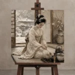 Winter Calm Ivory Tea Ceremony Japanese Geisha Art Canvas Print displayed on a studio easel