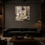 Winter Calm Ivory Tea Ceremony Japanese Geisha Art Canvas Print shown in a warm modern interior