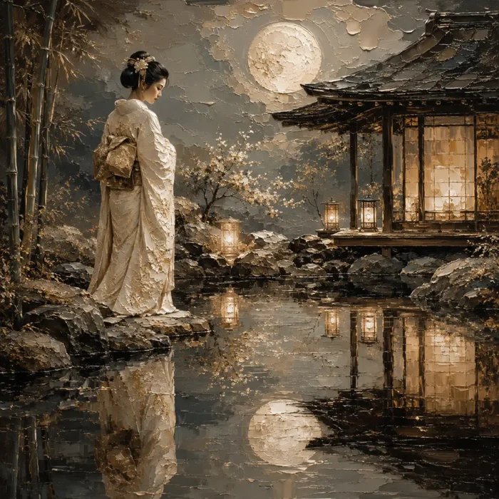 Moonlit Ivory Pond Japanese Geisha Art Canvas Print