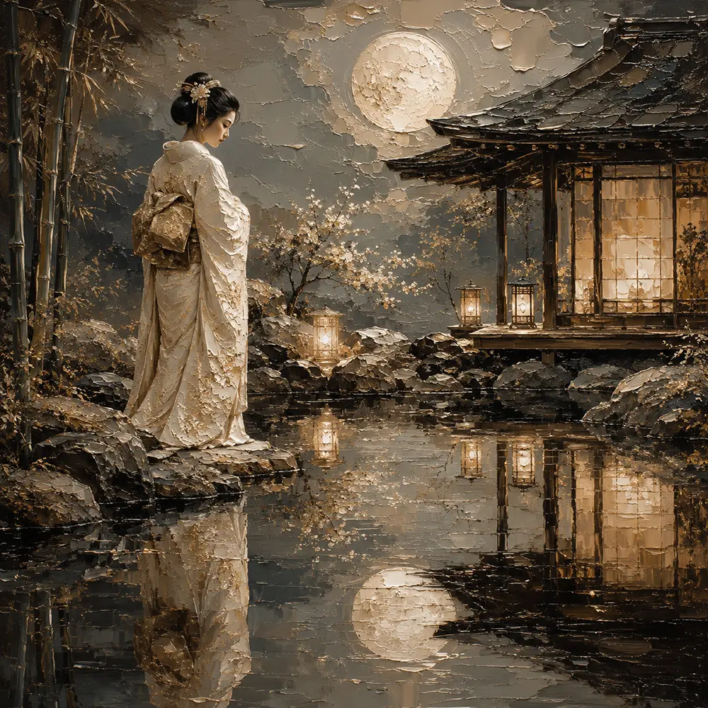 Moonlit Ivory Pond Japanese Geisha Art Canvas Print