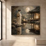 Moonlit ivory, pearl, and muted bronze Japanese Geisha Art print for elegant interiors. No text or watermarks in design.