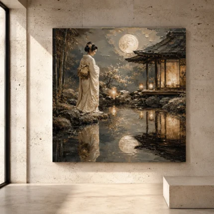 Moonlit ivory, pearl, and muted bronze Japanese Geisha Art print for elegant interiors. No text or watermarks in design.