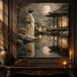 Moonlit Ivory Pond Japanese Geisha Art Canvas Print - Image 2