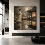 Moonlit Ivory Pond Japanese Geisha Art Canvas Print - Image 3