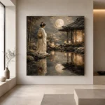 Moonlit Ivory Pond Japanese Geisha Art Canvas Print - Image 4