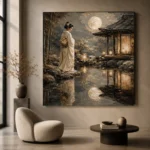 Moonlit Ivory Pond Japanese Geisha Art Canvas Print - Image 5