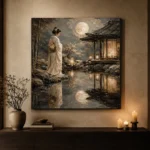 Moonlit Ivory Pond Japanese Geisha Art Canvas Print - Image 6