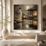 Moonlit Ivory Pond Japanese Geisha Art Canvas Print - Image 8