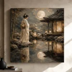 Moonlit Ivory Pond Japanese Geisha Art Canvas Print - Image 9