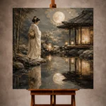 Moonlit Ivory Pond Japanese Geisha Art Canvas Print - Image 10