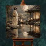 Moonlit Ivory Pond Japanese Geisha Art Canvas Print - Image 11