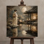 Moonlit Ivory Pond Japanese Geisha Art Canvas Print displayed on a studio easel