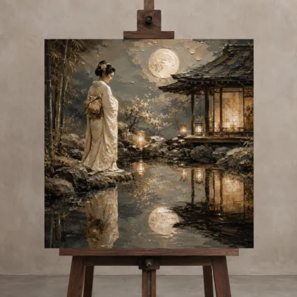 Moonlit Ivory Pond Japanese Geisha Art Canvas Print displayed on a studio easel