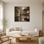 Moonlit Ivory Pond Japanese Geisha Art Canvas Print styled in a refined neutral interior