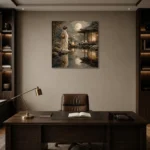 Moonlit Ivory Pond Japanese Geisha Art Canvas Print displayed in a contemporary gallery-inspired room
