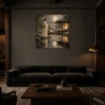 Moonlit Ivory Pond Japanese Geisha Art Canvas Print shown in a warm modern interior