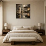 Moonlit Ivory Pond Japanese Geisha Art Canvas Print showcased in an elegant minimalist interior