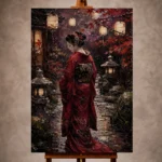 Crimson and plum tranquil Japanese Geisha Art print for elegant interiors. No text or watermarks in design.