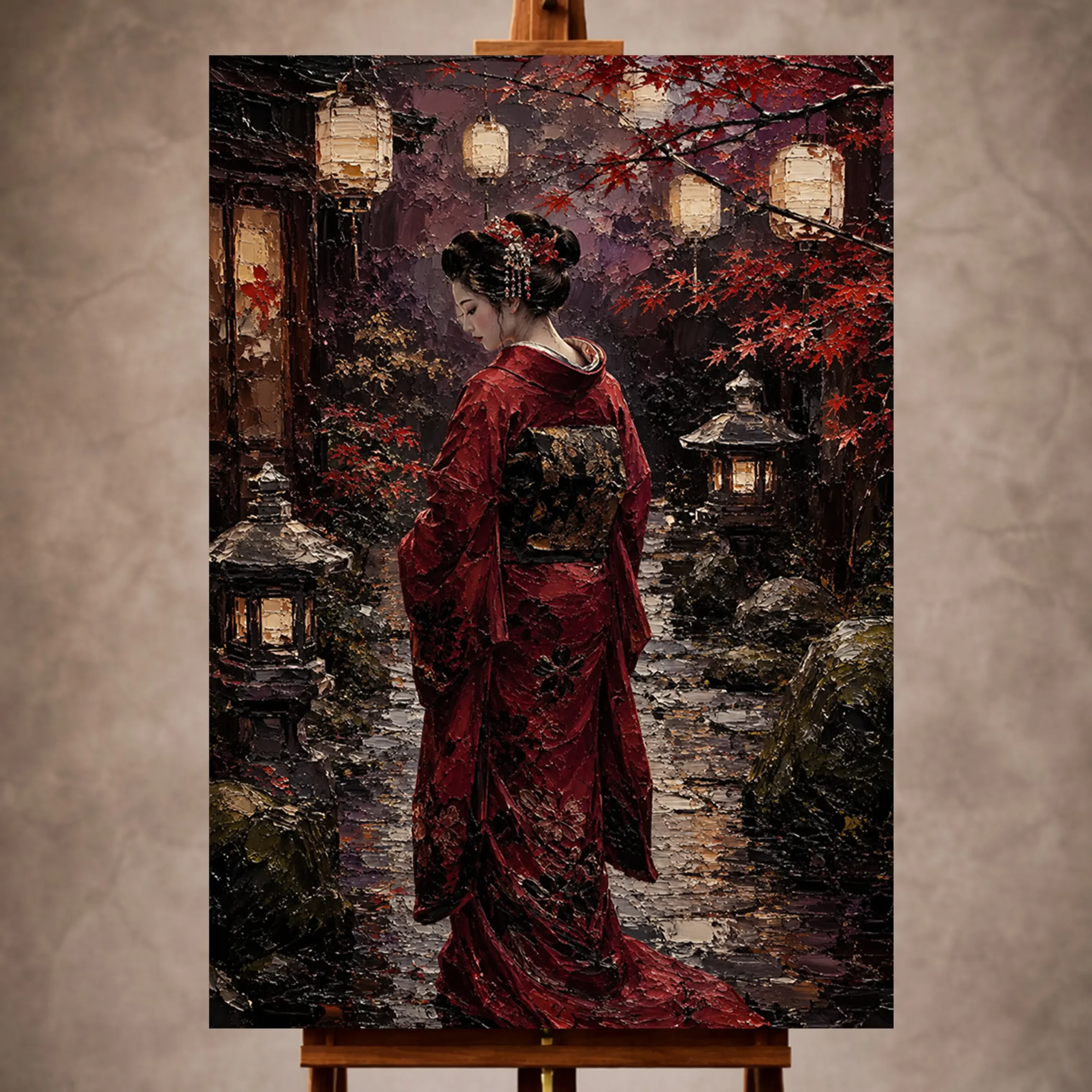Premium Wall Art Dikey Html Edition – GYSHA026 Image 1 Crimson and plum tranquil Japanese Geisha Art print for elegant interiors. No text or watermarks in design.