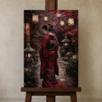 Crimson & Plum Japanese Geisha Art Canvas Print displayed on a studio easel