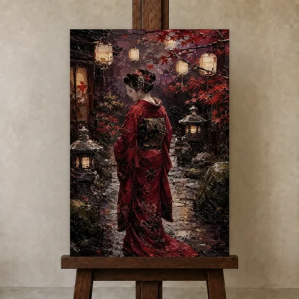 Crimson & Plum Japanese Geisha Art Canvas Print shown in Studio Easel