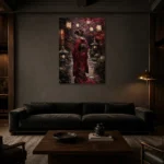 Crimson & Plum Japanese Geisha Art Canvas Print shown in a warm modern interior