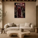Crimson & Plum Japanese Geisha Art Canvas Print presented in a sophisticated home setting
