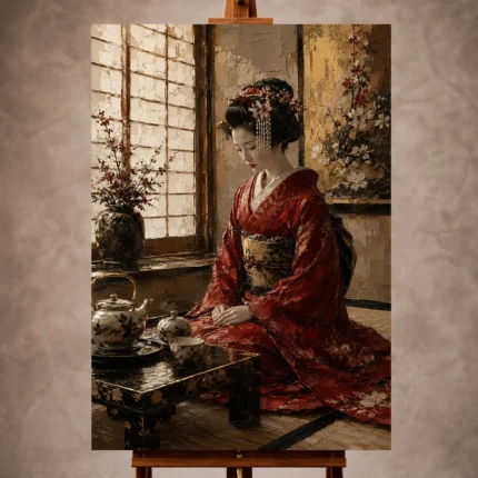 Crimson and gold Japanese Geisha Art print for elegant interiors. No text or watermarks in design.