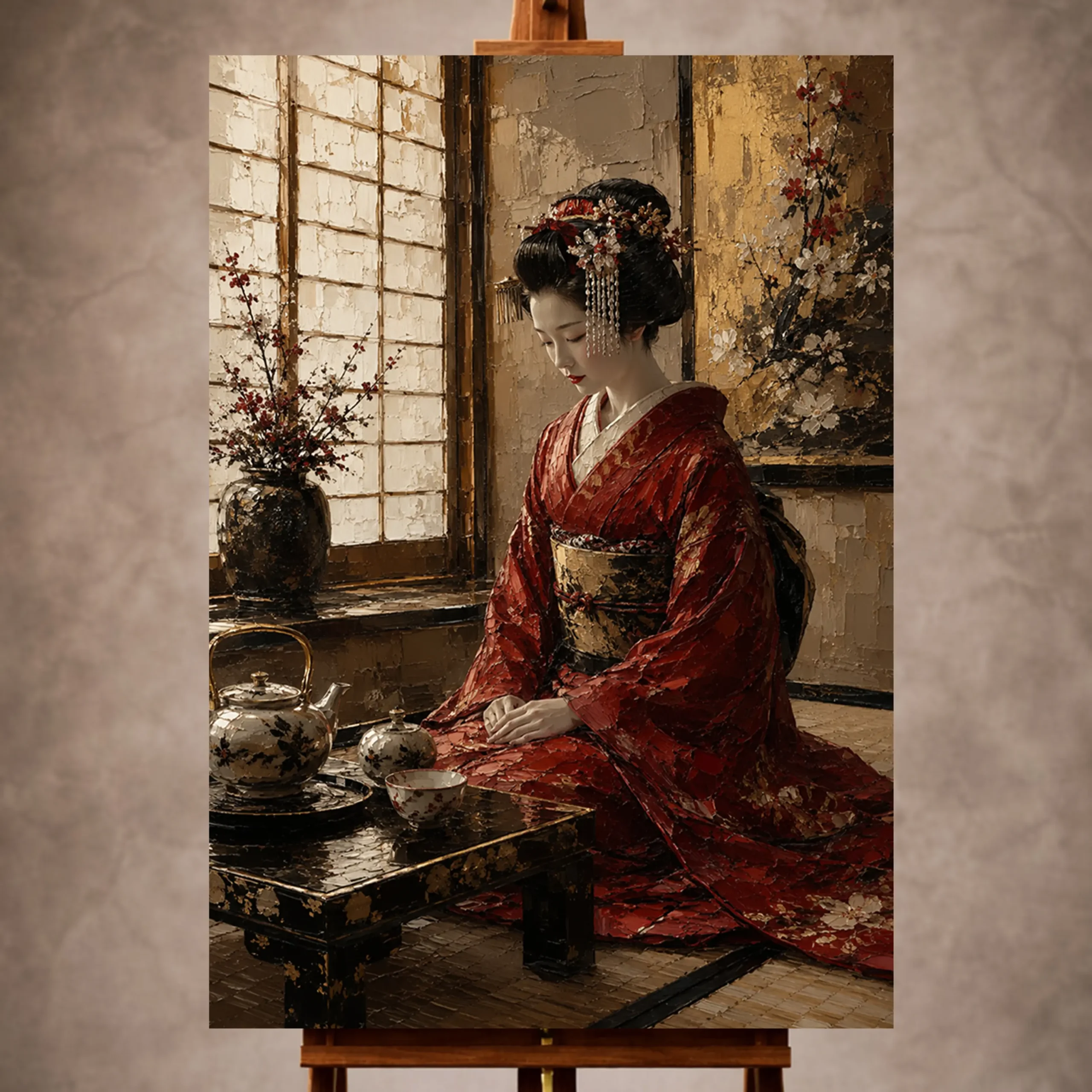 Premium Wall Art Dikey Html Edition – GYSHA027 Image 1 Crimson and gold Japanese Geisha Art print for elegant interiors. No text or watermarks in design.