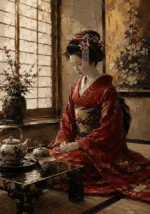 Crimson & Gold Tea House Japanese Geisha Art Canvas Print